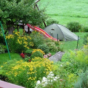 spontaniczny nocleg w ogrodzie w namiocie. 